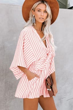 Summer waist slimming striped jumpsuit for women, European and American foreign trade deep V flared sleeve three quarter pants