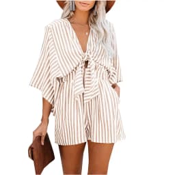 Summer waist slimming striped jumpsuit for women, European and American foreign trade deep V flared sleeve three quarter pants