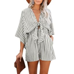 Summer waist slimming striped jumpsuit for women, European and American foreign trade deep V flared sleeve three quarter pants