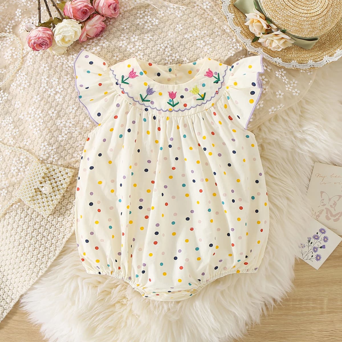 Baby Jumpsuit For 3 To 18 Months Flower Embroidered Colorful Polka Dots Printed Bodysuit