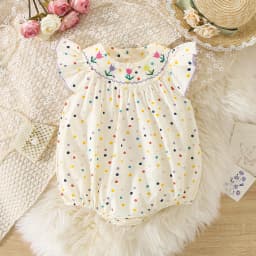 Baby Jumpsuit For 3 To 18 Months Flower Embroidered Colorful Polka Dots Printed Bodysuit