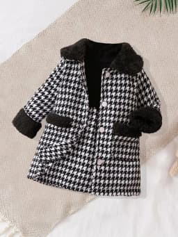 JOPGEEY Baby Girls Two-Piece Set Cute Fashionable Black Checkered Dress with Fur Collar Jacket Outfit