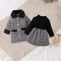 JOPGEEY Baby Girls Two-Piece Set Cute Fashionable Black Checkered Dress with Fur Collar Jacket Outfit