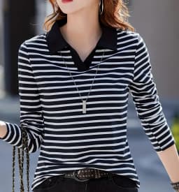 Women's striped pattern solid color lapel design long-sleeved POLO shirt casual daily knitted top machine washable not dry