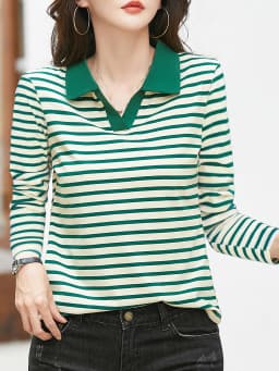 Women's striped pattern solid color lapel design long-sleeved POLO shirt casual daily knitted top machine washable not dry