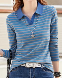 Women's striped pattern solid color lapel design long-sleeved POLO shirt casual daily knitted top machine washable not dry