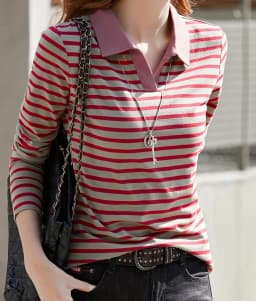 Women's striped pattern solid color lapel design long-sleeved POLO shirt casual daily knitted top machine washable not dry