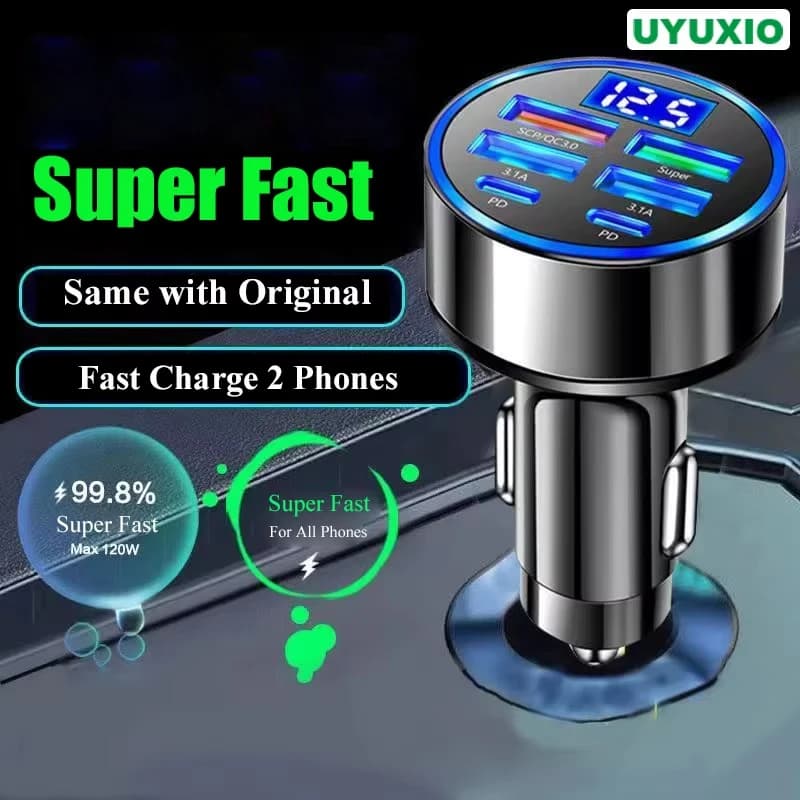 UYUXIO USB C Car Charger Adapter with Voltage Display 6 in 1 Super Fast in Car for iPhone 16 15 Pro Max Samsung Android Phone