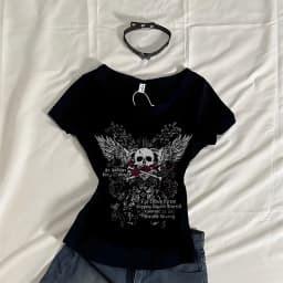 Indie Graphic Print Short Sleeve Tee Women 2000s Aesthetic Mall Goth E-girl Gothic T-shirt Retro Y2K Grunge Skull Wing Crop Tops