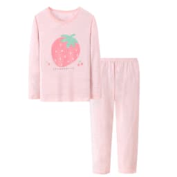 2Pcs Girls Home Underwear Set Cute Strawberry Print Round Neck Long Sleeve Trousers Comfy 100% Cotton Pajamas Set