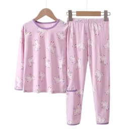 2Pcs Girls Home Underwear Set Cute Strawberry Print Round Neck Long Sleeve Trousers Comfy 100% Cotton Pajamas Set