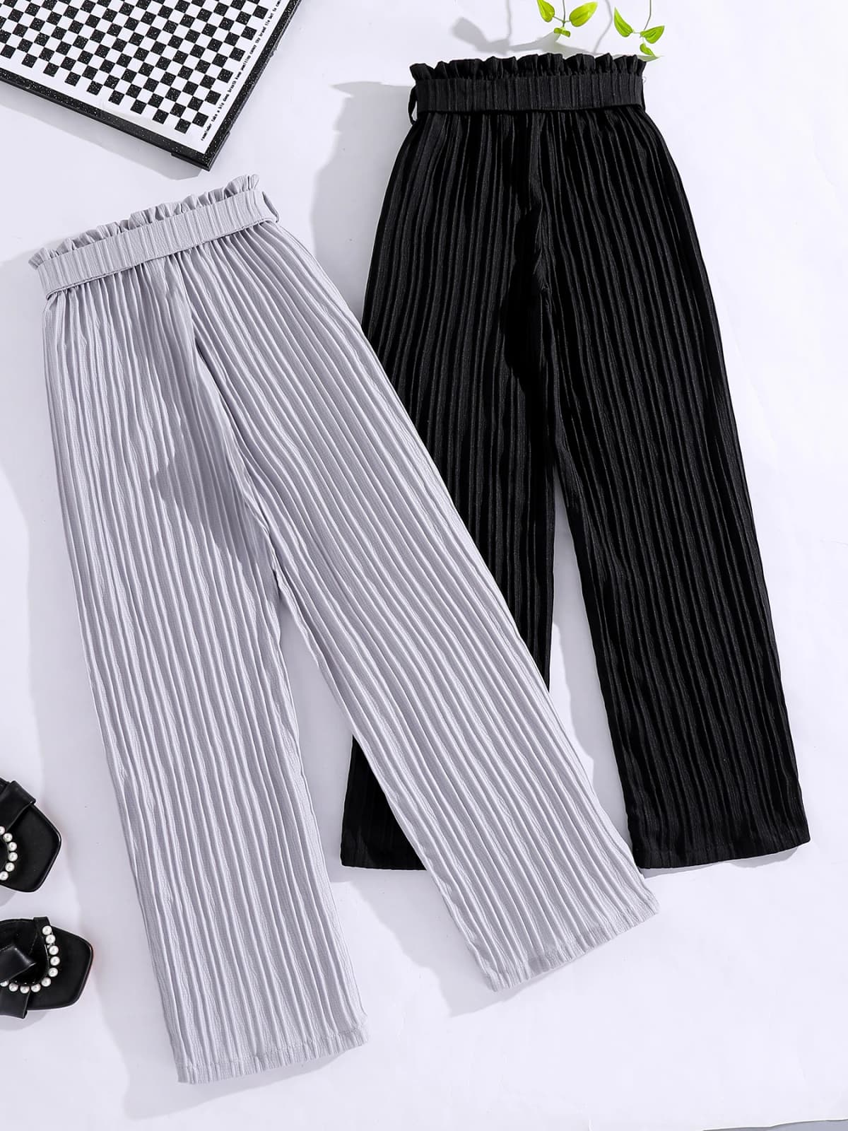 Spring and autumn girl fashion pit strip loose straight leg loose wide leg casual pants 2 pieces