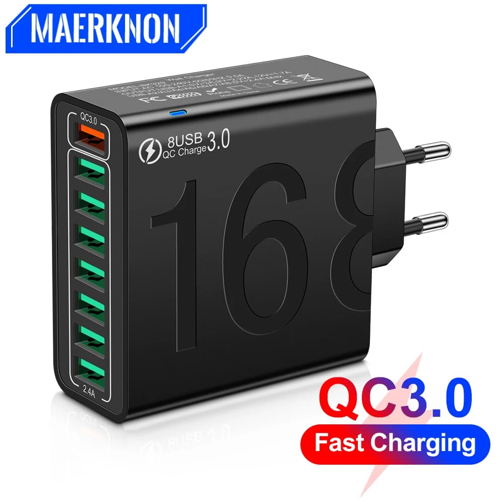 USB Charger 30W Multiple 8 Ports Fast Quick High Speed Charging Mobile Cell Phone Wall Adapter for Huawei 60 Xiaomi 14 Samsung