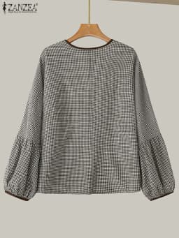 ZANZEA Women Plaid Printed Blouse Fashion Lace Up Shirts Holiday Sweety O-neck Long Sleeve Tops Casual Autumn 2024 Bowtie Tunics