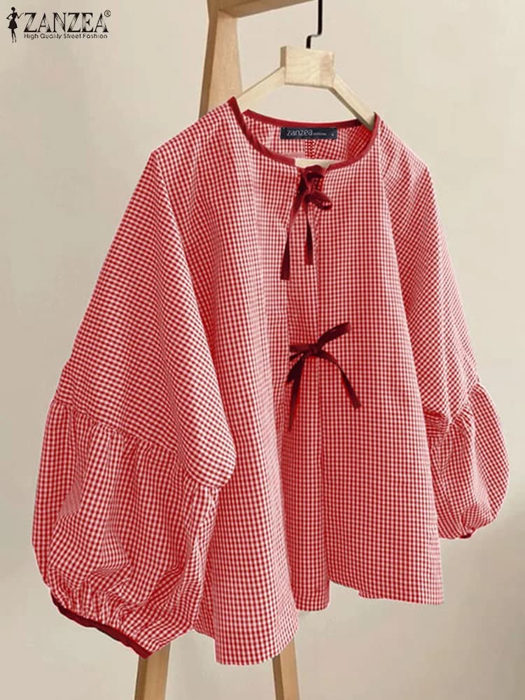 ZANZEA Women Plaid Printed Blouse Fashion Lace Up Shirts Holiday Sweety O-neck Long Sleeve Tops Casual Autumn 2024 Bowtie Tunics