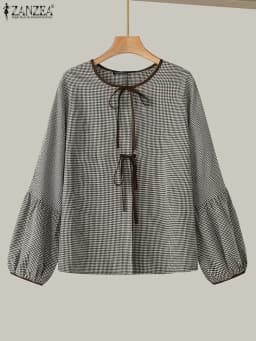 ZANZEA Women Plaid Printed Blouse Fashion Lace Up Shirts Holiday Sweety O-neck Long Sleeve Tops Casual Autumn 2024 Bowtie Tunics