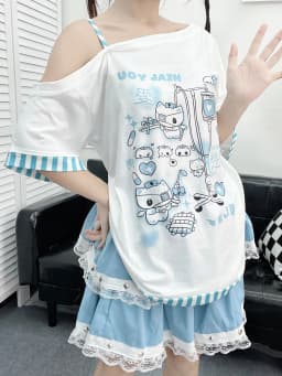 Gothic Woman Clothing Y2k Harajuku T-shirts Japanese Female Clothing Patchwork Kawaii Sweet Cartoon Print stripe y2k Clothes Top