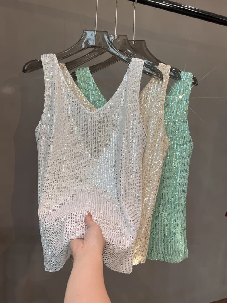2024 New European and American Sequined V-neck Vest Worn Inside A Suit Bottoming Shirt and Worn Outside A Sparkling Top