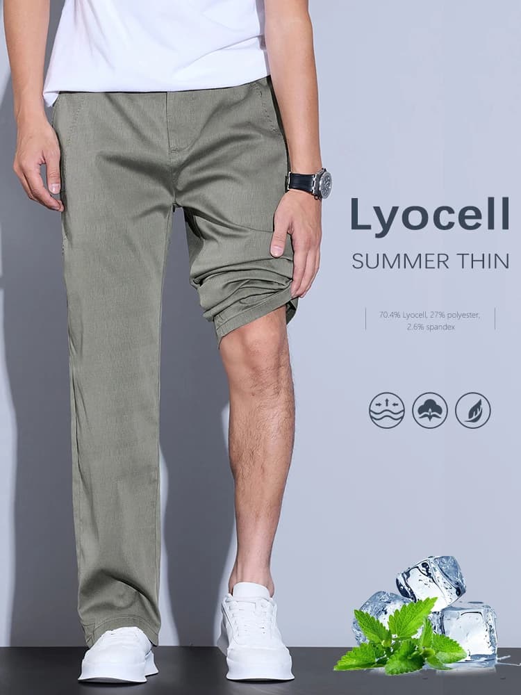 Summer Ultra-thin Men's Lyocell Trousers Fashion Business Straight Casual Cool Ice Silk Elastic Pants Black Grey Green