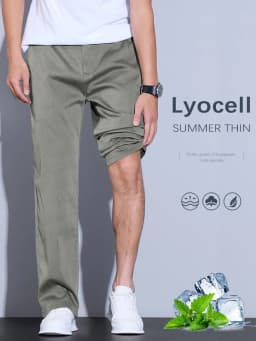 Summer Ultra-thin Men's Lyocell Trousers Fashion Business Straight Casual Cool Ice Silk Elastic Pants Black Grey Green