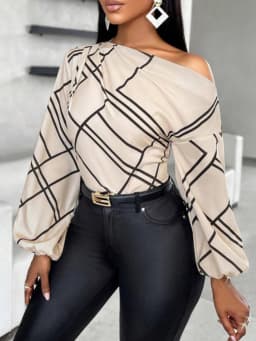 Ladies' Spring/Summer Daily Commuting Elegant Casual Shirt with Striped Print, Pleated and Asymmetric Neckline