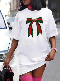 Ladies' Spring and Summer Casual Loose Plus Size Bee Bow Pattern Printed Round Neck Short Sleeved T-Shirt Dress