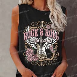 Rock Roll Wild T-shirts Vintage Style Rose Guitar Shirt New Summer Fashion O-Neck Tshirt Music Lover women Sleeveless Tanks Tops