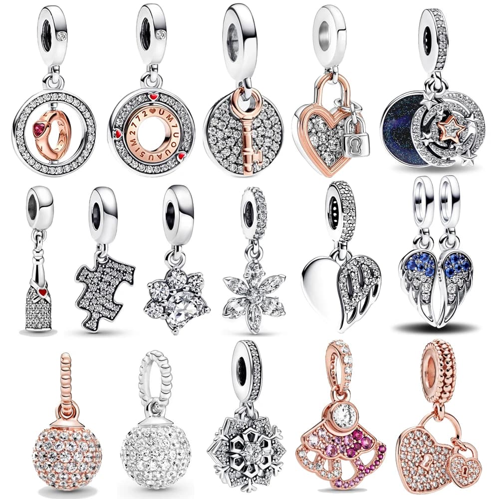925 Sterling Silver Rotating Star Chart&Puzzle&Wine Bottle&Snowflake&Double Wings Dangle Charm Fit Brand Bracelet Shining Zircon