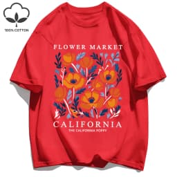 Yellow Flowers Market California Print T-Shirt Woman Soft Cotton Tee Top O-Neck Casual T Shirt Crewneck Sports Short Sleeve