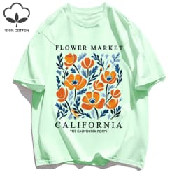 Yellow Flowers Market California Print T-Shirt Woman Soft Cotton Tee Top O-Neck Casual T Shirt Crewneck Sports Short Sleeve