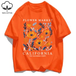 Yellow Flowers Market California Print T-Shirt Woman Soft Cotton Tee Top O-Neck Casual T Shirt Crewneck Sports Short Sleeve