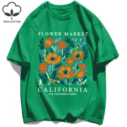 Yellow Flowers Market California Print T-Shirt Woman Soft Cotton Tee Top O-Neck Casual T Shirt Crewneck Sports Short Sleeve