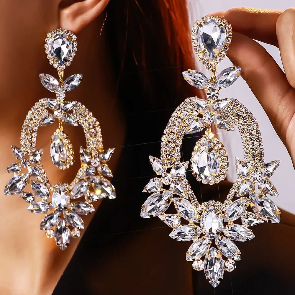 Statement Large Rhinestone Dangle Earrings Wedding for Women Prom Exaggerate Geometric Crystal Drop Earrings Jewelry Party