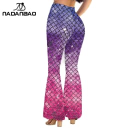 Nadanbao Pink Mermaid Flare Pants for Women Fish Scales 3D Digital Print Trousers Fashion Casual Streetwear Spring Autumn Bottom