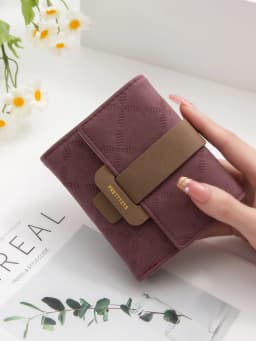 Purse for Female Korean PU Plaid Buckle Simple Multi-Card Folding Triple Fold Bag Large Capacity Student Ladies Daily Travel