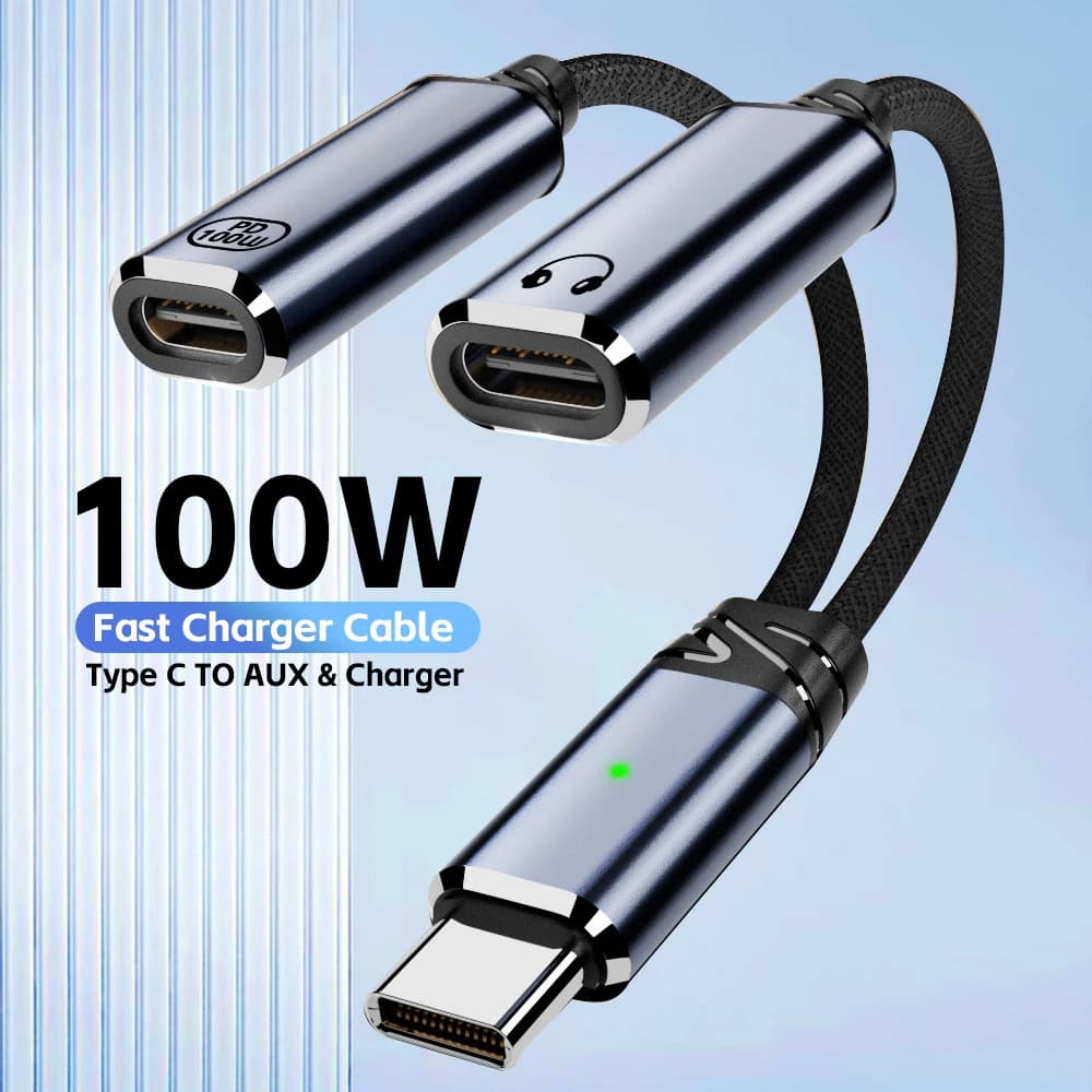 Dual USB C Headphone & Charger Adapter Splitter Fast Charging 2-in-1 Type C to USB-C Audio Adapter