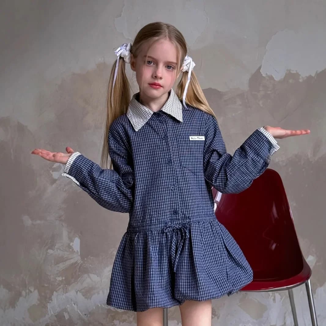 Shirt Dress 2025 Spring New Korean Fashion Doll Neck Long Sleeve Retro Plaid Shirt Dress Kids Clothes Girls