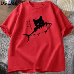 Black Cat T-Shirt Funny Japanese Fish Tshirt Kawaii Cat Lover T Shirt Women Men Graphic T Shirts Summer Cotton Tops Clothing