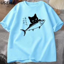 Black Cat T-Shirt Funny Japanese Fish Tshirt Kawaii Cat Lover T Shirt Women Men Graphic T Shirts Summer Cotton Tops Clothing