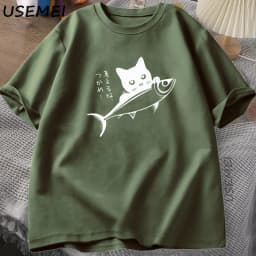 Black Cat T-Shirt Funny Japanese Fish Tshirt Kawaii Cat Lover T Shirt Women Men Graphic T Shirts Summer Cotton Tops Clothing