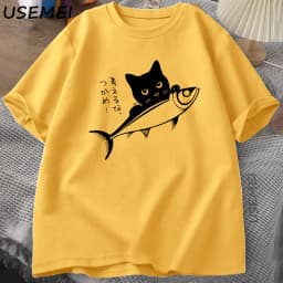 Black Cat T-Shirt Funny Japanese Fish Tshirt Kawaii Cat Lover T Shirt Women Men Graphic T Shirts Summer Cotton Tops Clothing