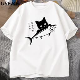 Black Cat T-Shirt Funny Japanese Fish Tshirt Kawaii Cat Lover T Shirt Women Men Graphic T Shirts Summer Cotton Tops Clothing