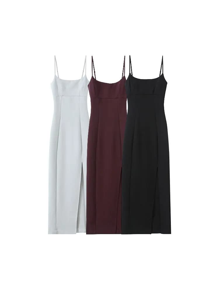 Women Fashion Front Vent Soft Strappy Midi Dress Straight Neck Thin Straps Female Dresses Vestidos Mujer