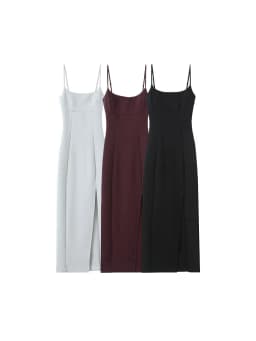 Women Fashion Front Vent Soft Strappy Midi Dress Straight Neck Thin Straps Female Dresses Vestidos Mujer