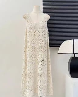 Crochet Maxi Dress for Women Sheer Cover Up Sleeveless Openwork Lace Cami Dress Summer Boho Chic Beach Outfit