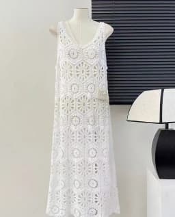Crochet Maxi Dress for Women Sheer Cover Up Sleeveless Openwork Lace Cami Dress Summer Boho Chic Beach Outfit