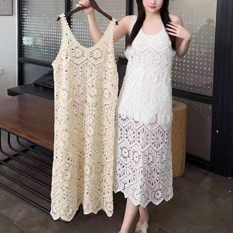 Crochet Maxi Dress for Women Sheer Cover Up Sleeveless Openwork Lace Cami Dress Summer Boho Chic Beach Outfit