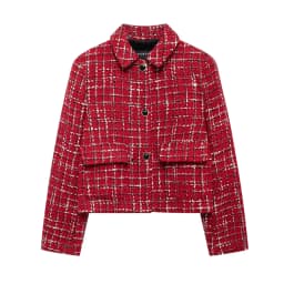 HH Women Vintage Red Plaid Tweed Coat Slim Turn Down Collar Long Sleeve Jacket Autumn Fashion Lady High Street Outwear