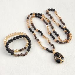 New Boheme Spring Jewelry Natural Stone Glass Handmade Life Tree Stone Drop Pendant Knotted Necklace 2pcs Stack Bracelet Set