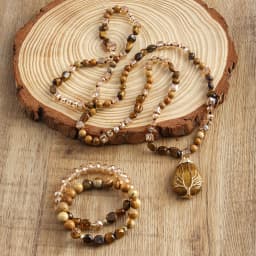 New Boheme Spring Jewelry Natural Stone Glass Handmade Life Tree Stone Drop Pendant Knotted Necklace 2pcs Stack Bracelet Set